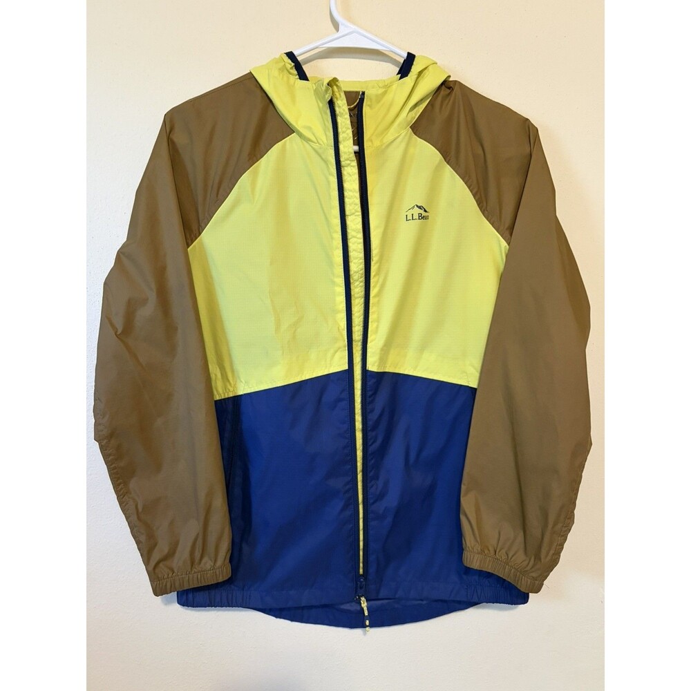 LL Bean Wind Rain Jacket Kids Size Medium 10-12 Colorblock Full Zip Hooded